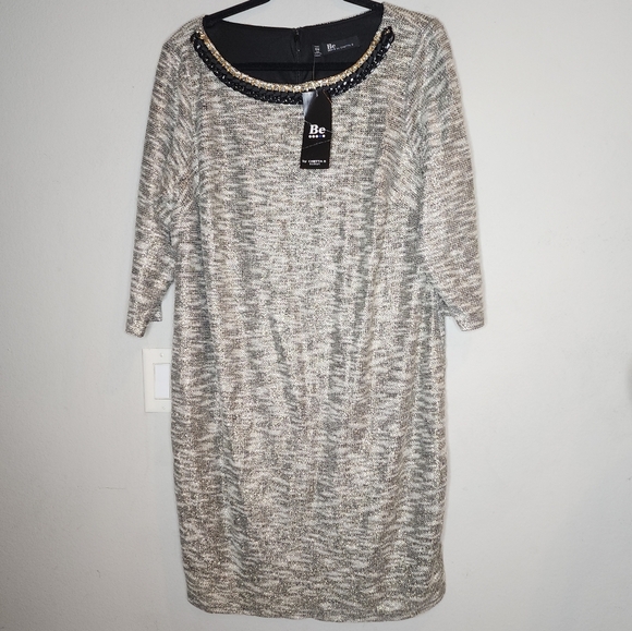 NWT Chetta B Metallic Grey Embellished Neckline Tweed Shift Dress Sz 16W Stretch - Picture 16 of 17